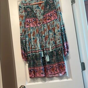 Pleated Green and Pink Tunic Dress with Tie Front